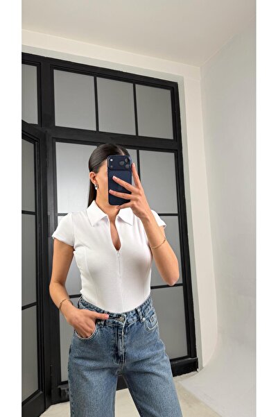 GAUS CO White Polo Collar Zippered Basic Blouse Gaus-01467