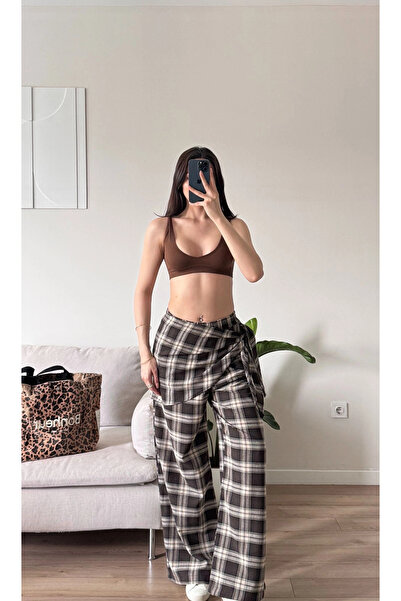 Zoom Butik Bel Fular Ekose Pantolon - KAHVE