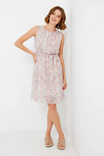buğrahayalin Women's Zero Sleeve Belted Patterned Chiffon Pink Dress