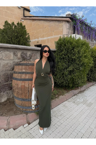 kırmızı butiks Haljina kaki boje sa halter izrezom i dodacima