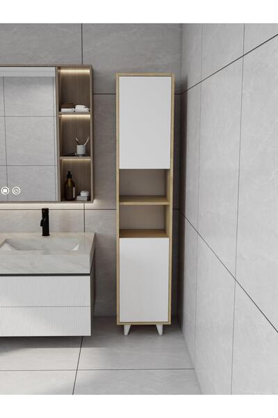 Masif Market Riva Çamaşır Sepetli Banyo Dolabı Lefkaş Meşe Renk