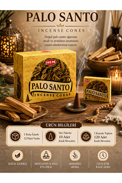 Hem Tütsü Palo Santo Konik Tütsü 120 Adet – Palo Santo Aromalı Konik Tütsü