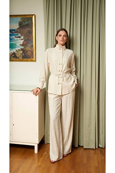 My Blog Stone Color Square Gold Buttoned Shirt and Trousers Set - 51348