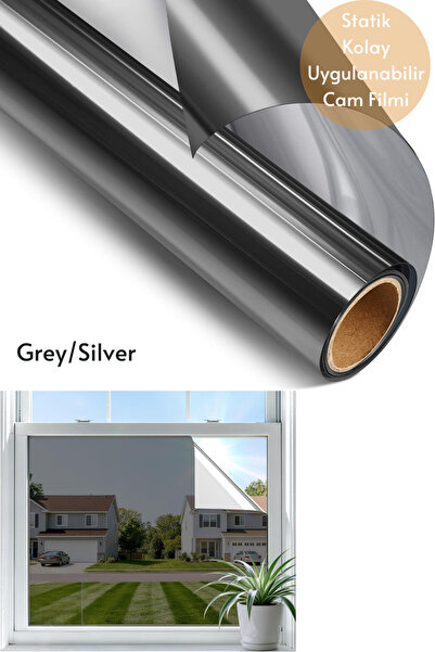 Technojet 75x100 cm Grey Silver Aynalı Cam Filmi Statik UV Güneş Koruyucu Cam...