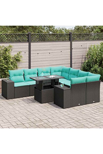 vidaxl Set mobilier gradina perne 9 piese negru poliratan/lemn acacia