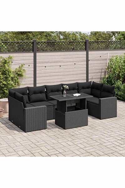 vidaxl Set mobilier de gradina cu perne, 8 piese, negru, poliratan