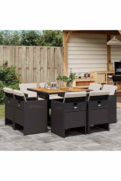 vidaxl Set mobilier de gradina cu perne, 9 piese, negru, poliratan