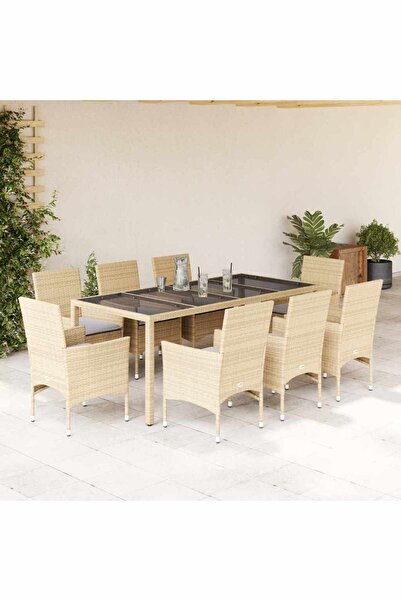 vidaxl Set mobilier de gradina cu perne 9 piese bej poliratan & sticla