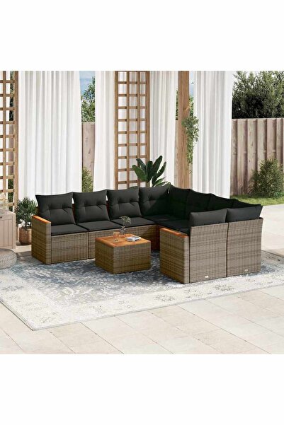 vidaxl Set canapele de gradina, 9 piese, cu perne, gri, poliratan