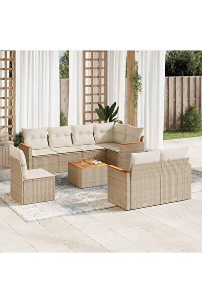 vidaxl Set canapele de gradina, 9 piese, cu perne, bej, poliratan