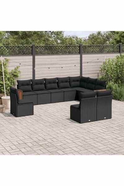 vidaxl Set canapele de gradina cu perne, 10 piese, negru, poliratan