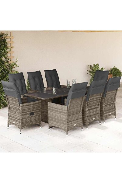 vidaxl Set bistro de gradina cu perne, 9 piese, gri, poliratan