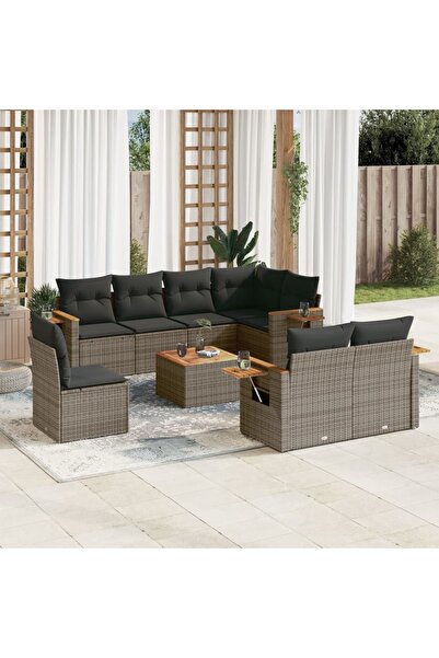 vidaxl Set canapele de gradina, 9 piese, cu perne, gri, poliratan