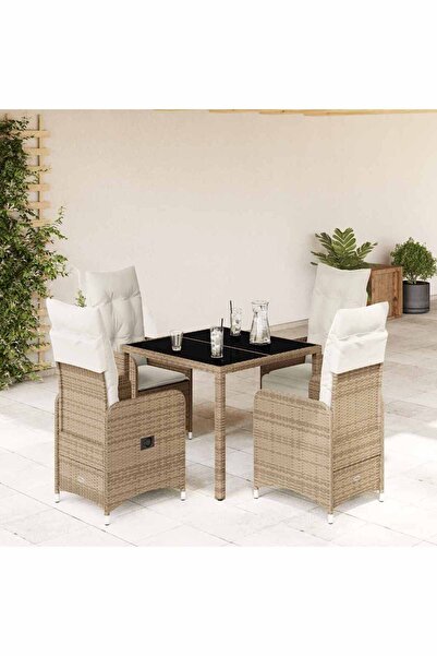 vidaxl Set bistro de gradina, 5 piese, cu perne, bej, poliratan