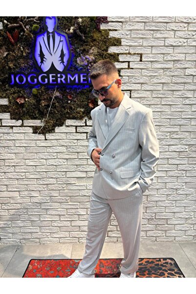 JOGGERMEN OVERSİZE ÇİZGİLİ KRUVAZE TAKIM ELBİSE (GRİ)