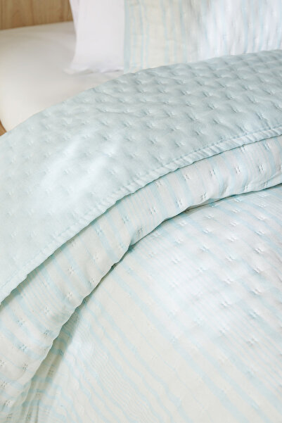 Ocean Home Textile Pamuklu Kapitoneli Mavi/Turkuaz Çizgi Desen Çift Kişilik Yatak Örtüsü Seti 250x230+2* 50x70