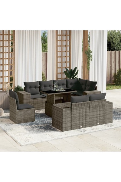 vidaxl Set canapele de gradina, 9 piese, cu perne, gri, poliratan
