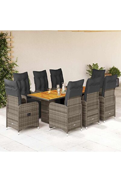 vidaxl Set bistro de gradina cu perne, 9 piese, gri, poliratan