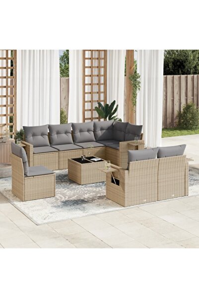 vidaxl Set canapele de gradina, 9 piese, cu perne, bej, poliratan