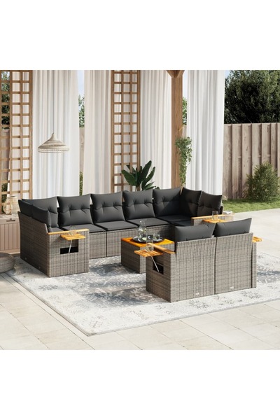 vidaxl Set mobilier de gradina cu perne, 10 piese, gri, poliratan