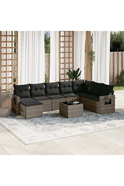 vidaxl Set canapele de gradina, 9 piese, cu perne, gri, poliratan