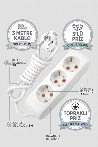 VESTA Concept 3 Metre 3'lü Grup Priz Topraklı Uzatma Kablosu - Isıya Dayanıkl...