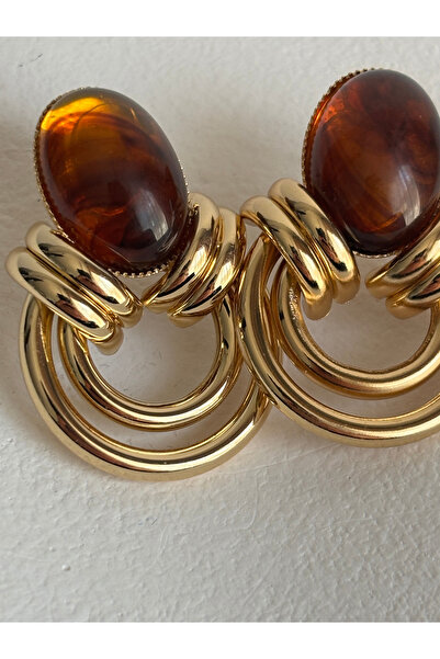 BHR AKSESUAR Gold Color Amber Earrings (3.2 cm)