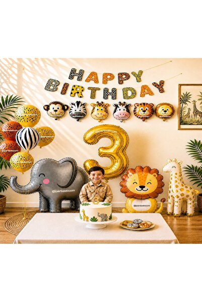 PARTİ AŞKI 3 Yaş Safari Temalı Konsept 7'li Doğum Günü Parti Balonu & Sevimli...