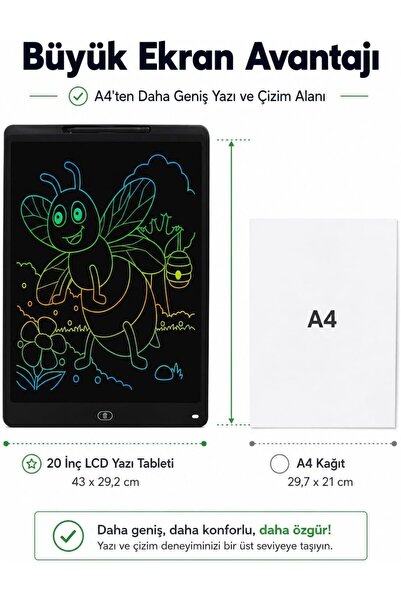Yellowtech 20 İnç (50,8 cm) Büyük Boy LCD Yazı Tahtası Renkli Çizim Tableti Çocuk Eğitici Oyuncak