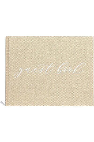 Pearhead Beige Linen Wedding Guest Book with White Writing, Elegant Wedding, ...