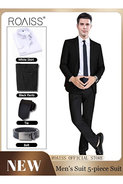 ROAISS 5PCS Men's Casual Suit Business Professional Suit Lapel Collar Two Sin...