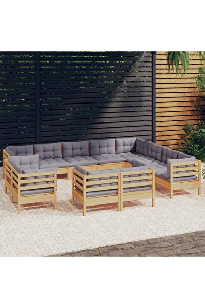 vidaxl Set mobilier gradina cu perne, 12 piese, gri, lemn masiv pin