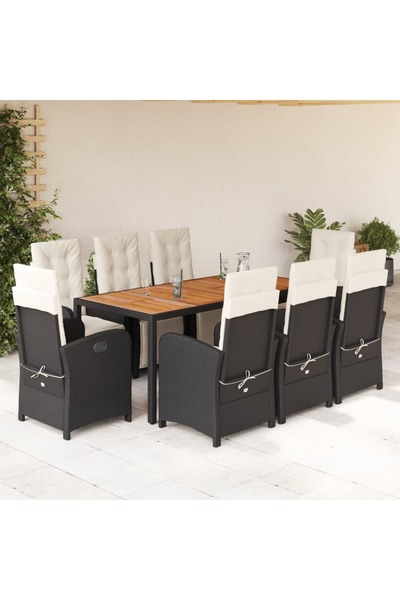 vidaxl Garden furniture set with cushions, 9 pieces, black, polyrattan