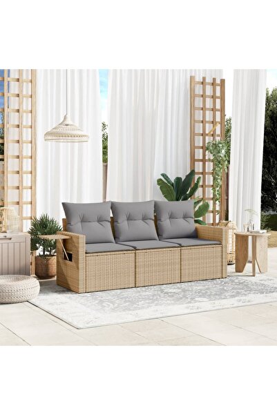 vidaxl Set canapele de gradina, 3 piese, cu perne, bej, poliratan