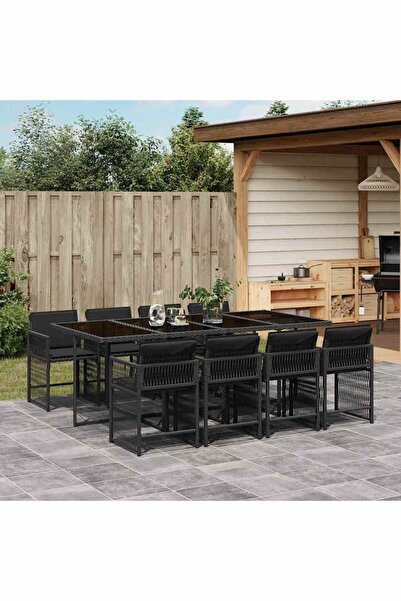 vidaxl Set mobilier de gradina cu perne, 9 piese, negru, poliratan