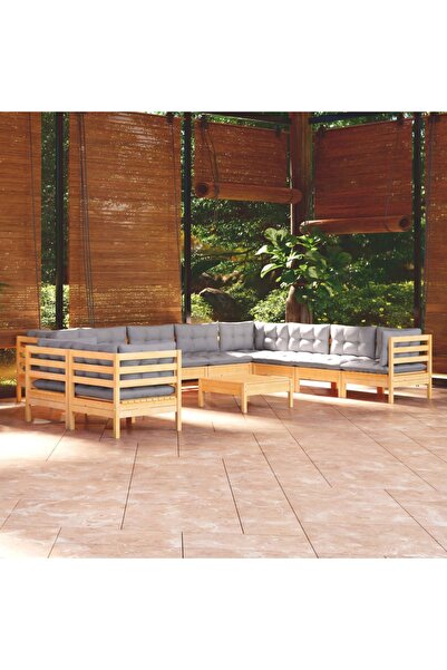 vidaxl Set mobilier de gradina cu perne, 11 piese, gri, lemn masiv pin