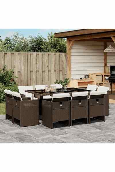 vidaxl Set mobilier de gradina cu perne, 11 piese, maro, poliratan