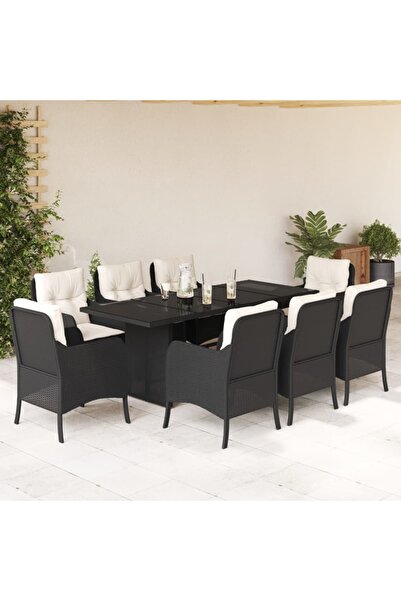 vidaxl Garden furniture set with cushions, 9 pieces, black, polyrattan