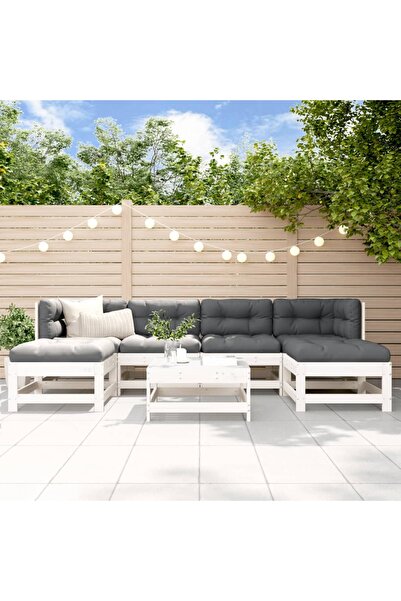 vidaxl Set mobilier de gradina, 7 piese, alb, lemn masiv de pin