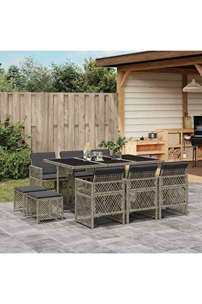 vidaxl Garden furniture set with cushions, 11 pieces, grey, polyrattan