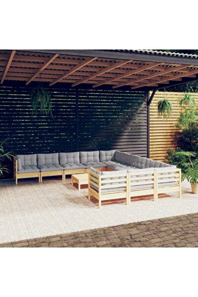 vidaxl Set mobilier de gradina cu perne, 12 piese, gri, lemn masiv pin