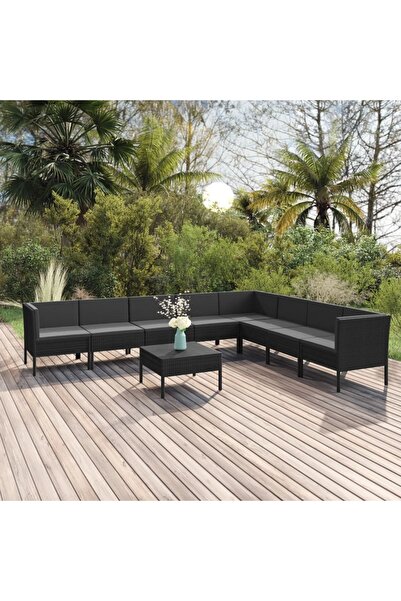 vidaxl Set mobilier de gradina cu perne, 9 piese, negru, poliratan