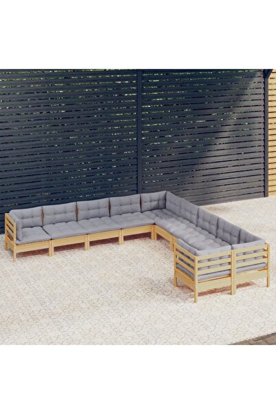 vidaxl Set mobilier de gradina cu perne gri 10 piese lemn masiv de pin