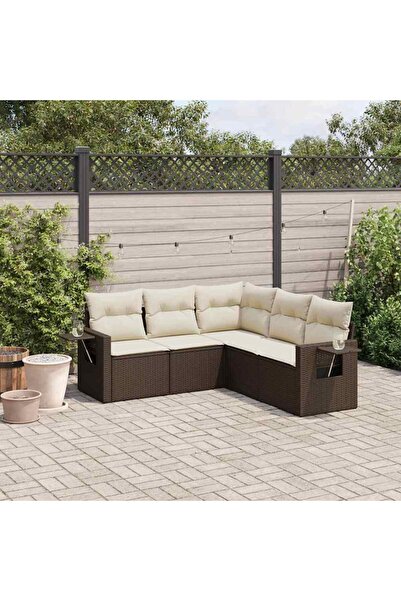 vidaxl Set canapele de gradina cu perne, 5 piese, maro, poliratan