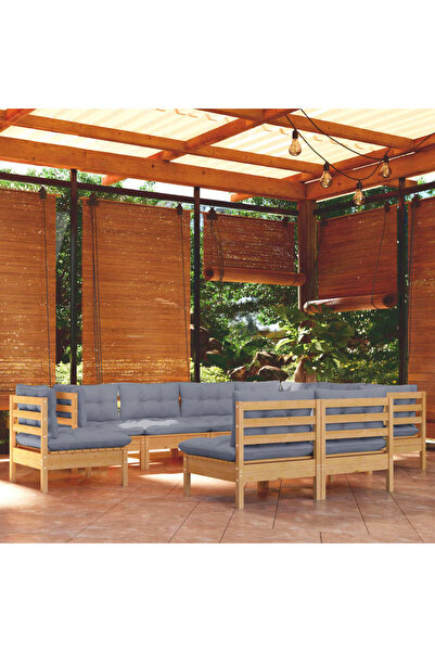 vidaxl Set mobilier de gradina cu perne gri, 9 piese, lemn masiv pin