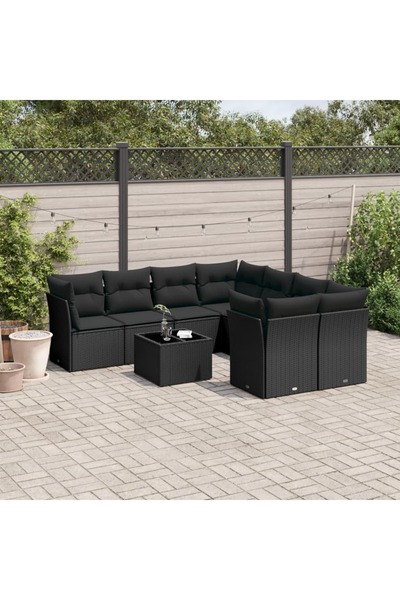 vidaxl Set mobilier de gradina cu perne, 9 piese, negru, poliratan
