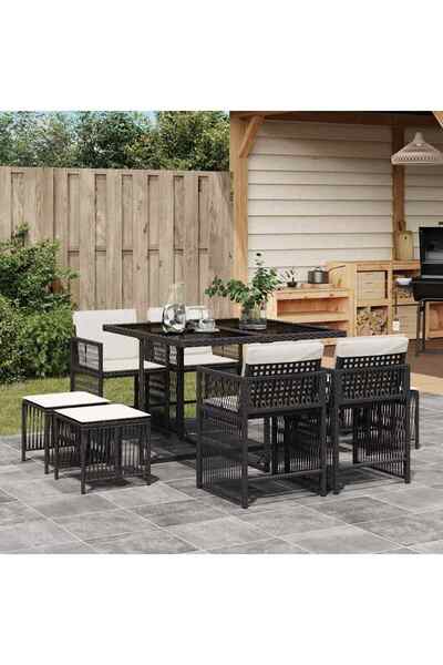 vidaxl Set mobilier de gradina cu perne, 9 piese, negru, poliratan