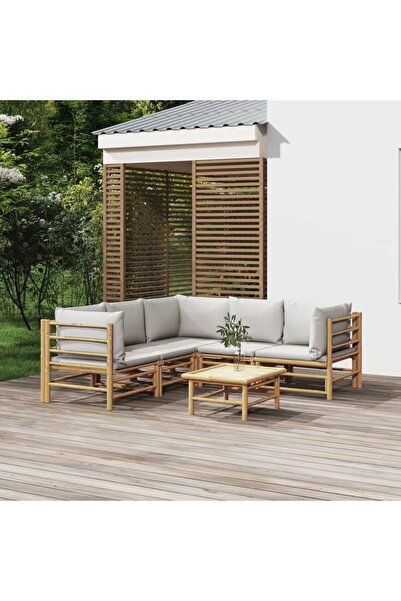 vidaxl Set mobilier de gradina cu perne gri deschis, 6 piese, bambus