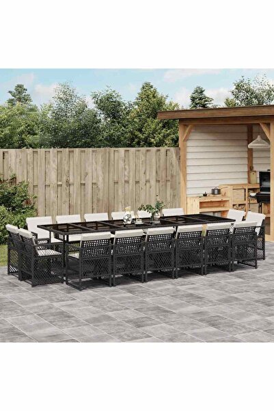 vidaxl Garden furniture set with cushions, 17 pieces, black, polyrattan