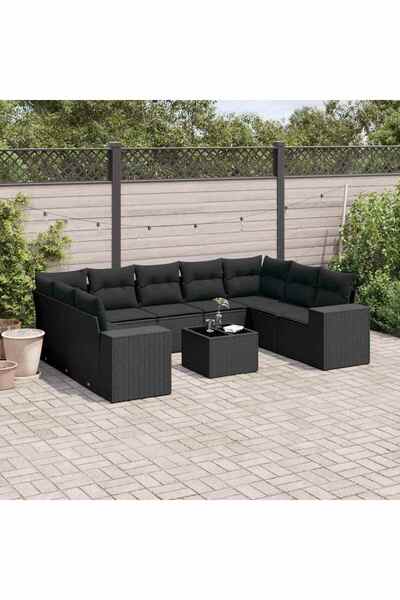 vidaxl Set canapele de gradina cu perne, 10 piese, negru, poliratan
